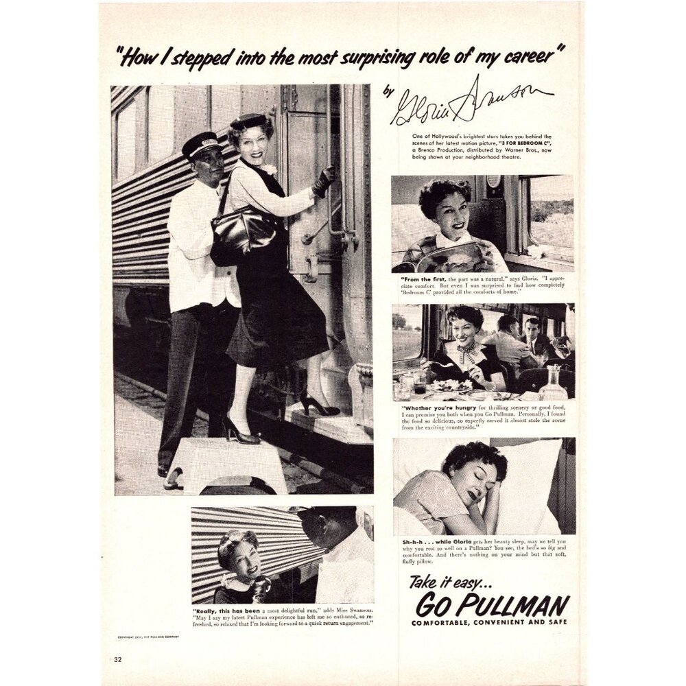 1952 Pullman Train Car Vintage Print Ad Gloria Swanson Conductor 50s Wall Art